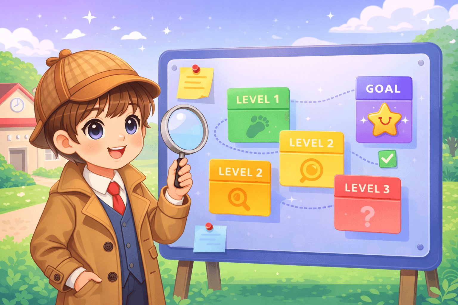 儿童侦探在校园场景里闯关解题的主视觉